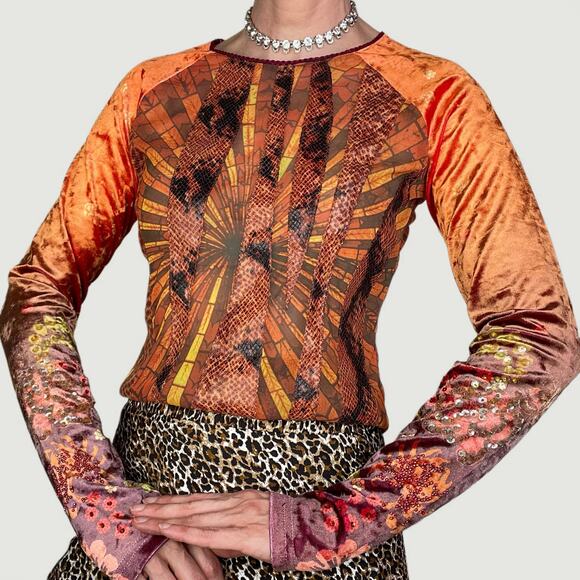 Vintage Tops - Vintage Y2K euro velvet patchwork top blouse beaded sequin rave stained glass M